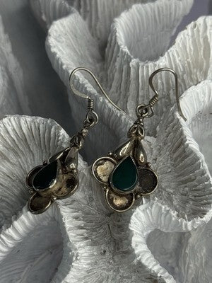 Vintage 925 Sterling Silver Malachite Earrings Length 1.70 Inch