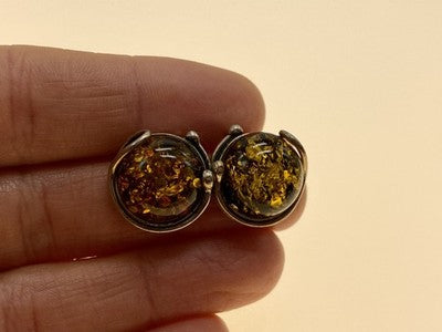 Vintage 925 Sterling Silver Amber Stud Earrings Italy