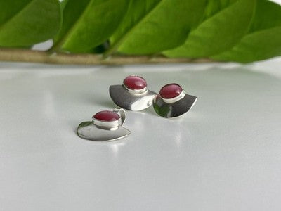 925 Sterling Silver Pink Agate Stud Earrings & Pendant Set