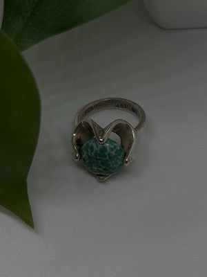 Vintage 925 Sterling Silver Green Peking Glass Stone Ring Size 6