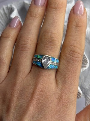 925 Sterling Silver Opal & Beryl Ring Size 8