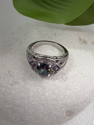 925 Sterling Silver Mystic Topaz & Amethyst & Beryl Ring Size 8