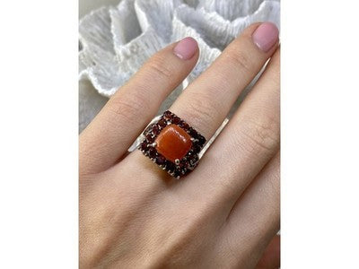 925 Sterling Silver Amber & Garnet Ring Size 8.5