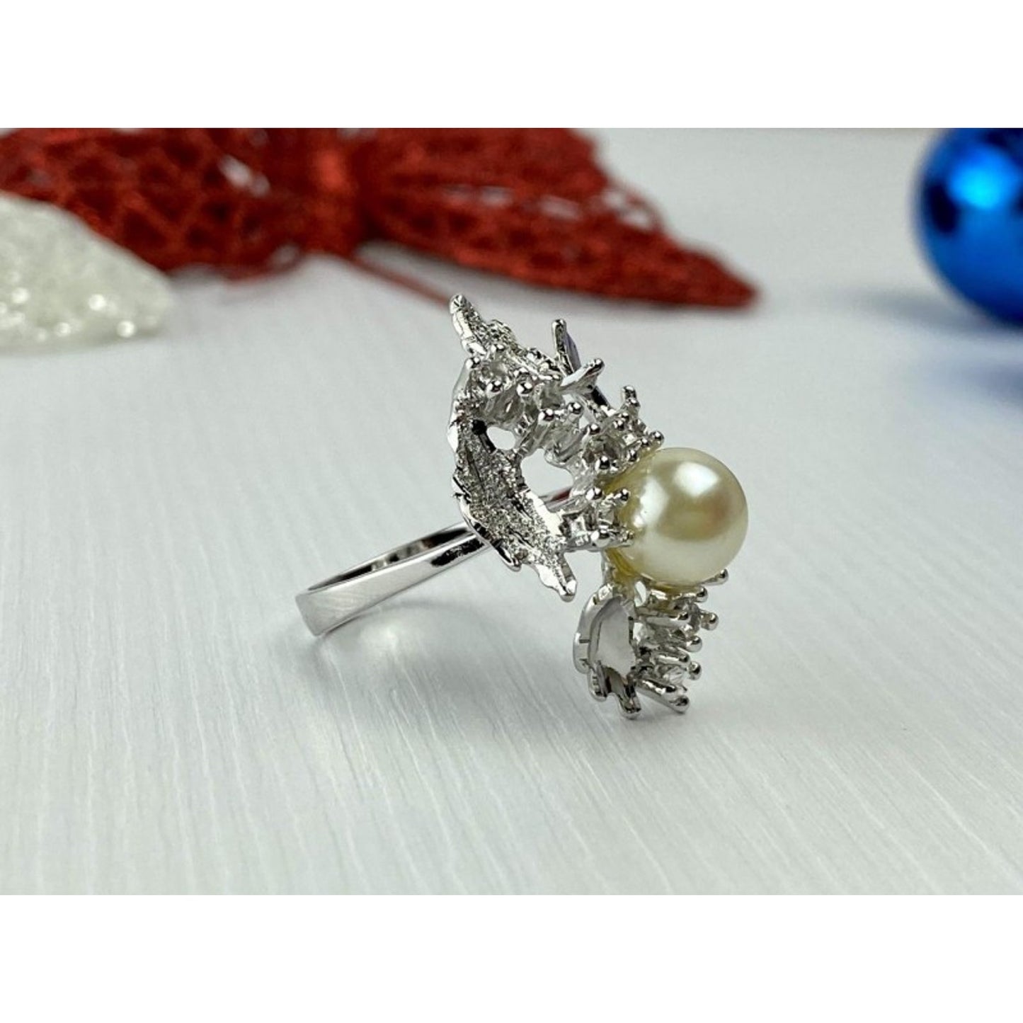 925 STERLING SILVER PEARL & CZ RING SIZE 6