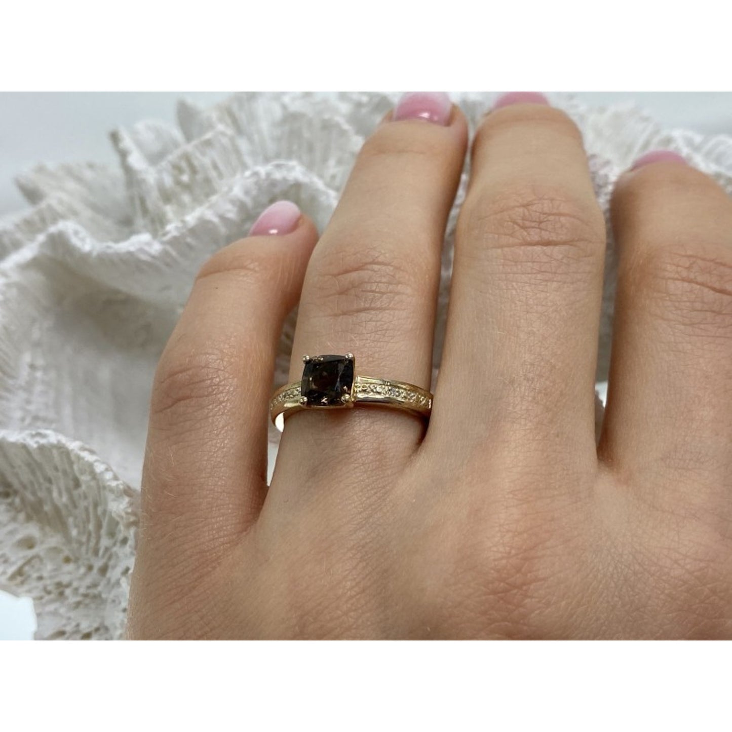 925 STERLING SILVER HESSONITE & DIAMONDS RING SIZE 7
