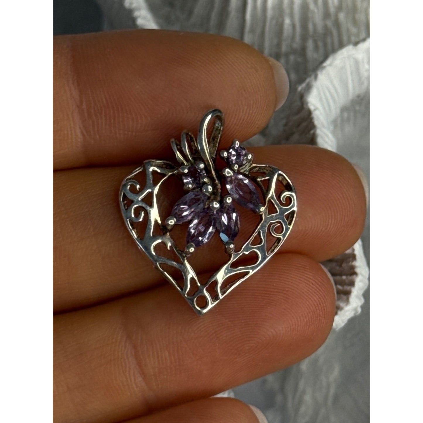 925 STERLING SILVER AMETHYST HEART PENDANT LENGTH 1 INCH