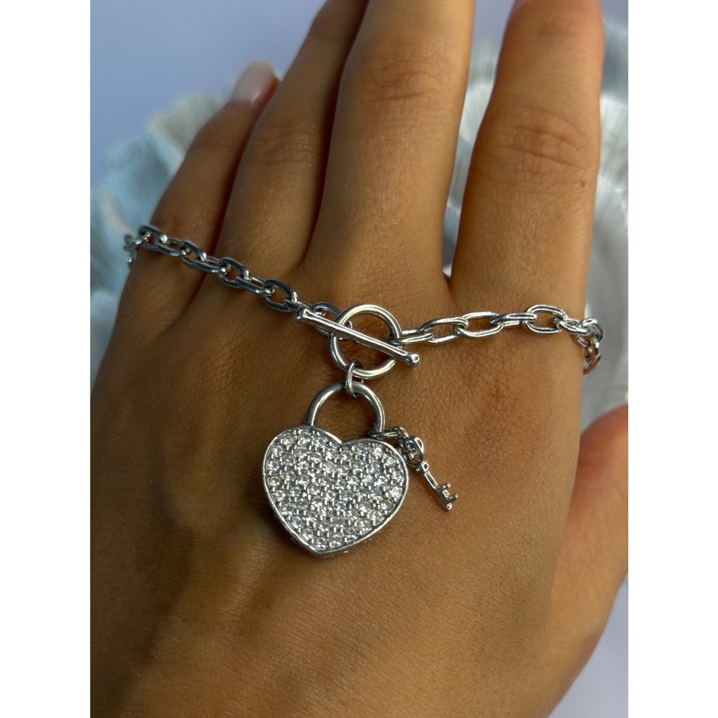 925 Sterling Silver Heart & Key Cz Bracelet Length 7.5