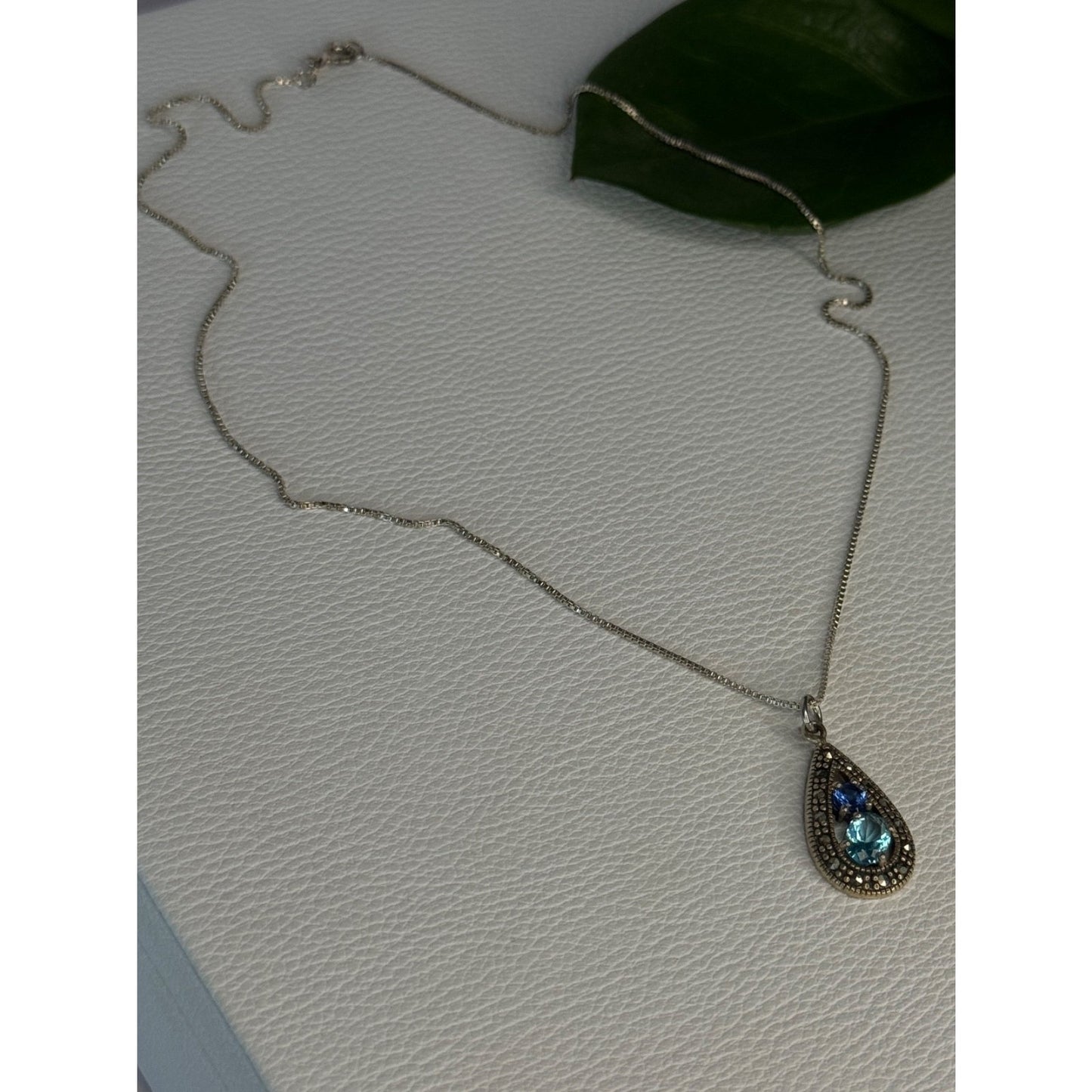 925 Sterling Silver Topaz & Sapphire & Marcasite Necklace Length 15.5 inch