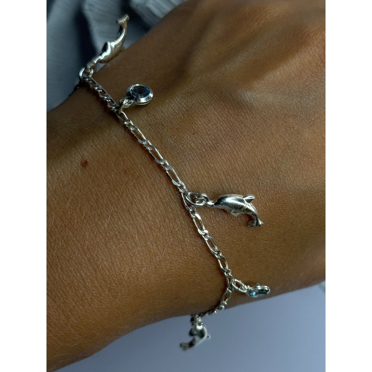 925 STERLING SILVER DOLPHIN BLUE TOPAZ BRACELET LENGTH 7.5