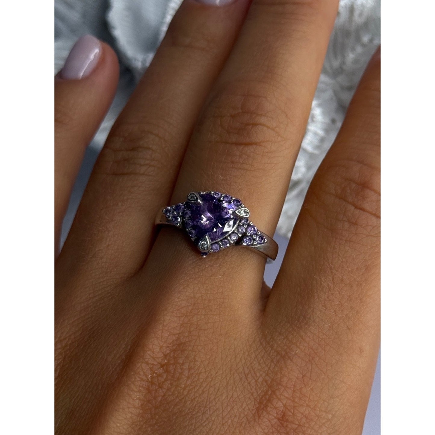925 STERLING SILVER AMETHYST & DIAMOND HEART RING SIZE 8.5