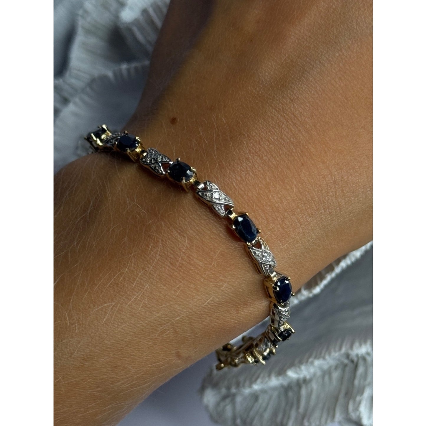 925 STERLING SILVER GOLD PLATED SAPPHIRE & DIAMOND BRACELET LENGTH 7.5