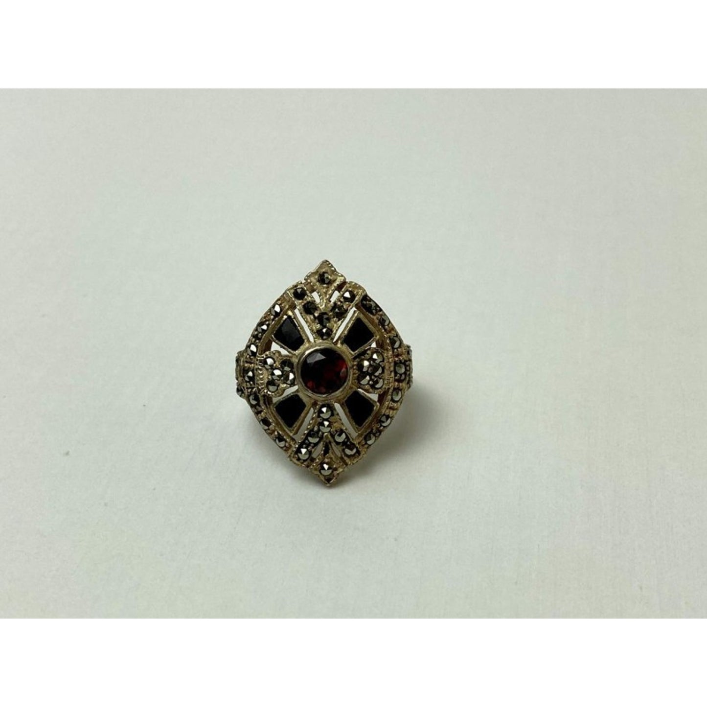 925 STERLING SILVER SPESSARTINE, BLACK NEPHRITE & MARCASITES RING SIZE 6.5