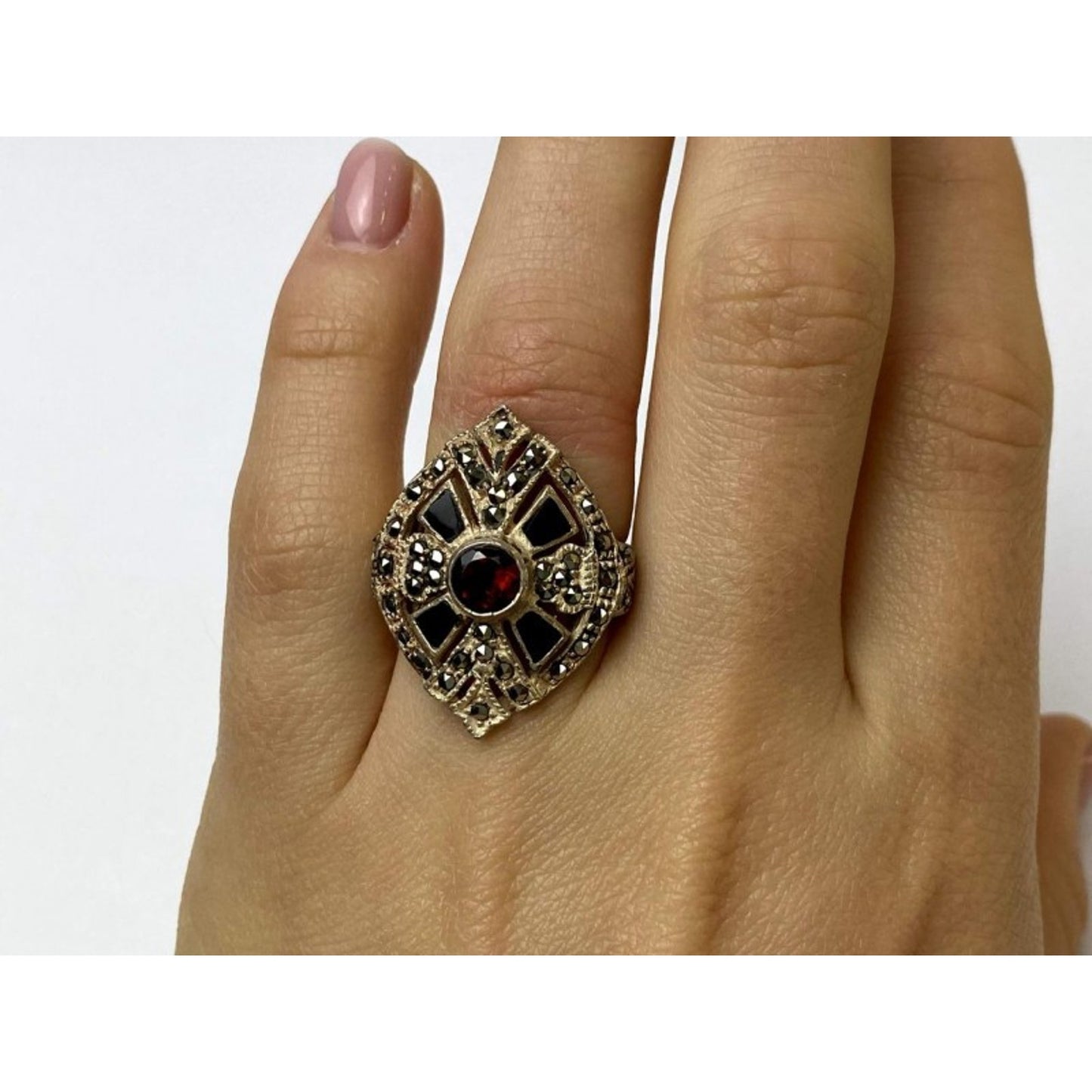 925 STERLING SILVER SPESSARTINE, BLACK NEPHRITE & MARCASITES RING SIZE 6.5