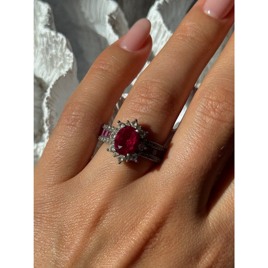 925 Sterling Silver Ruby & Beryl Flower Ring Size 7