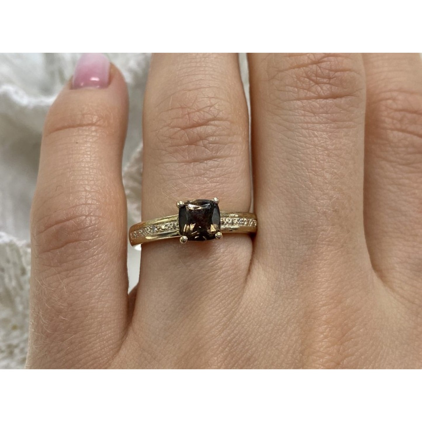 925 STERLING SILVER HESSONITE & DIAMONDS RING SIZE 7
