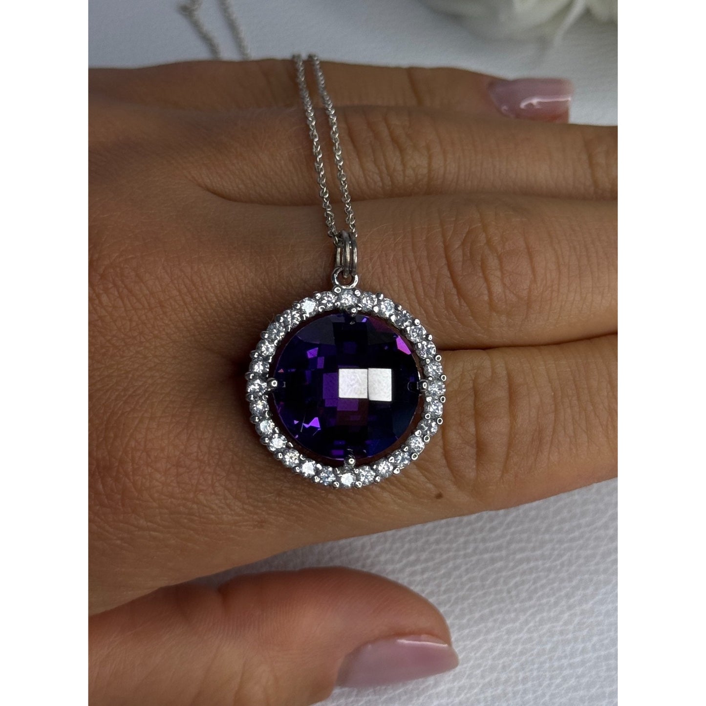 925 STERLING SILVER PURPLE CRYSTAL & CZ NECKLACE LENGTH 18 INCH