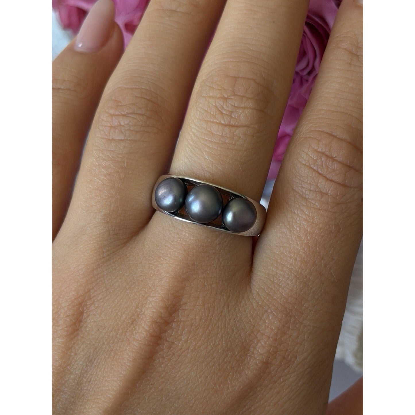 925 Sterling Silver Black Pearl Ring Size 9