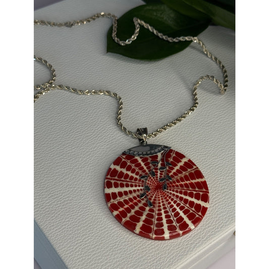 925 Sterling Silver Red Shell Necklace Pendant Length 3 inch
