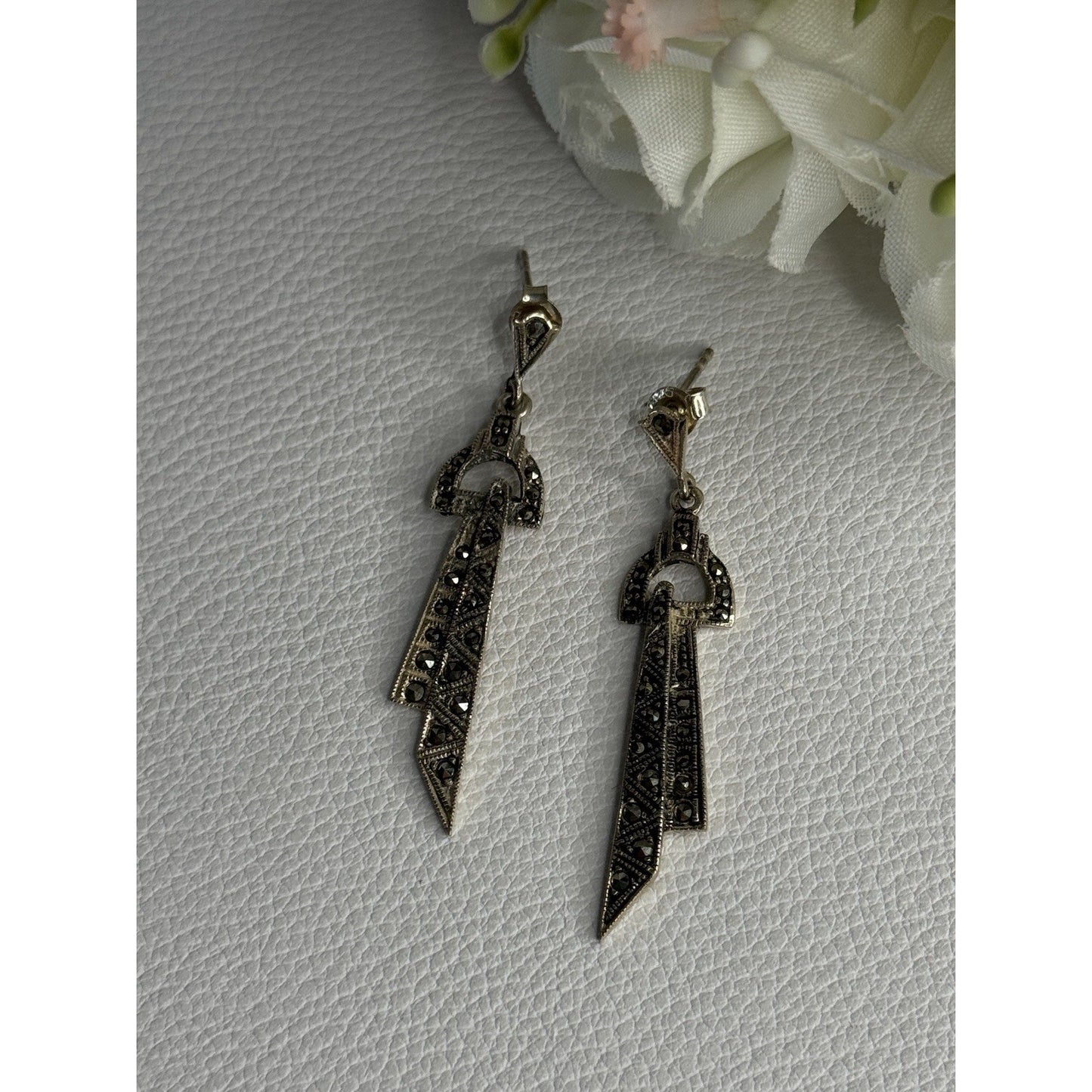 ELEGANT 925 STERLING SILVER MARCASITE EARRINGS LENGTH 1.80 INCH