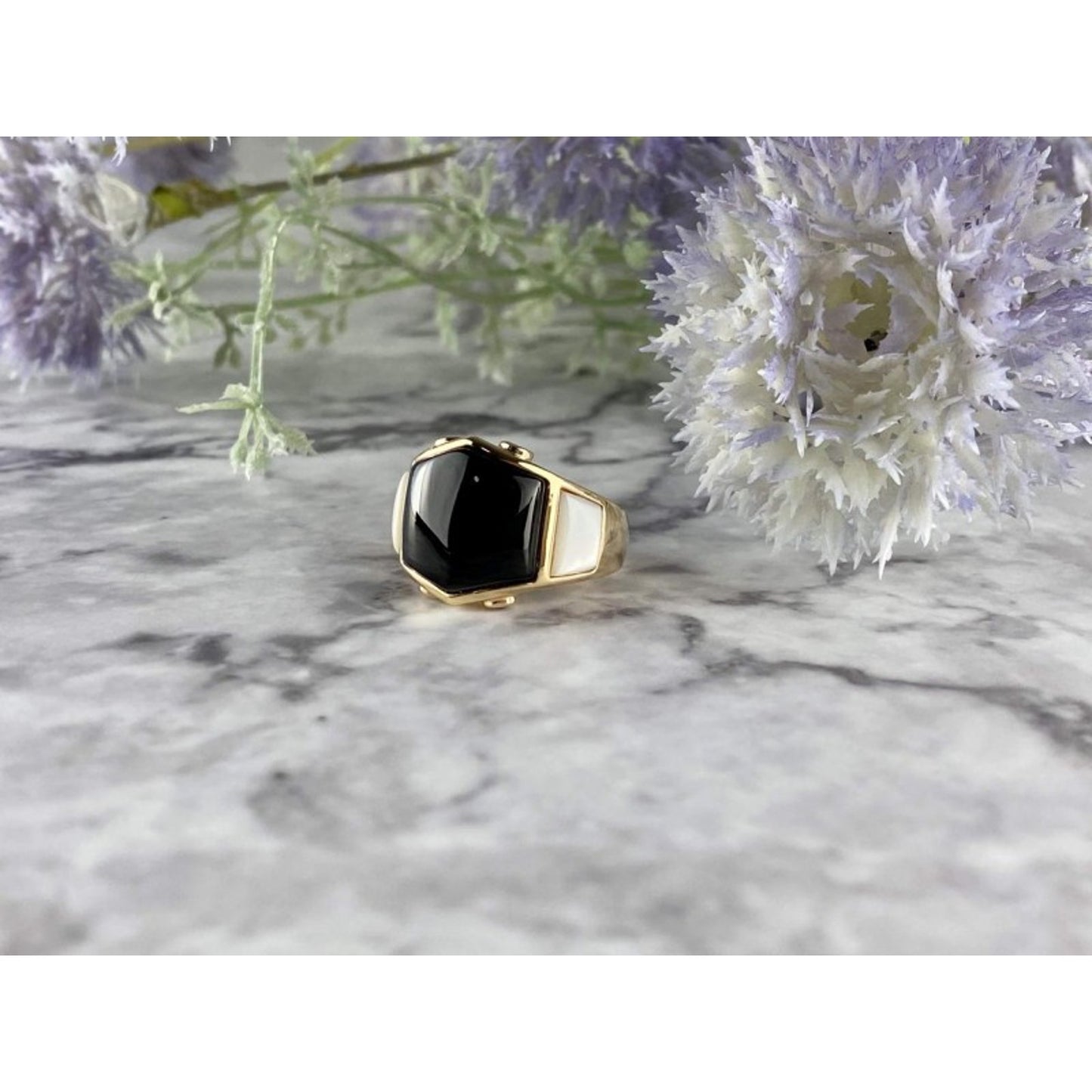 925 STERLING SILVER GOLD PLATED BLACK JADE, MOTHER OF PEARL & CZ RING SIZE 7