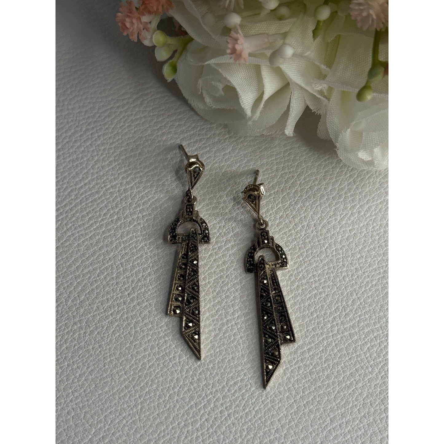 ELEGANT 925 STERLING SILVER MARCASITE EARRINGS LENGTH 1.80 INCH