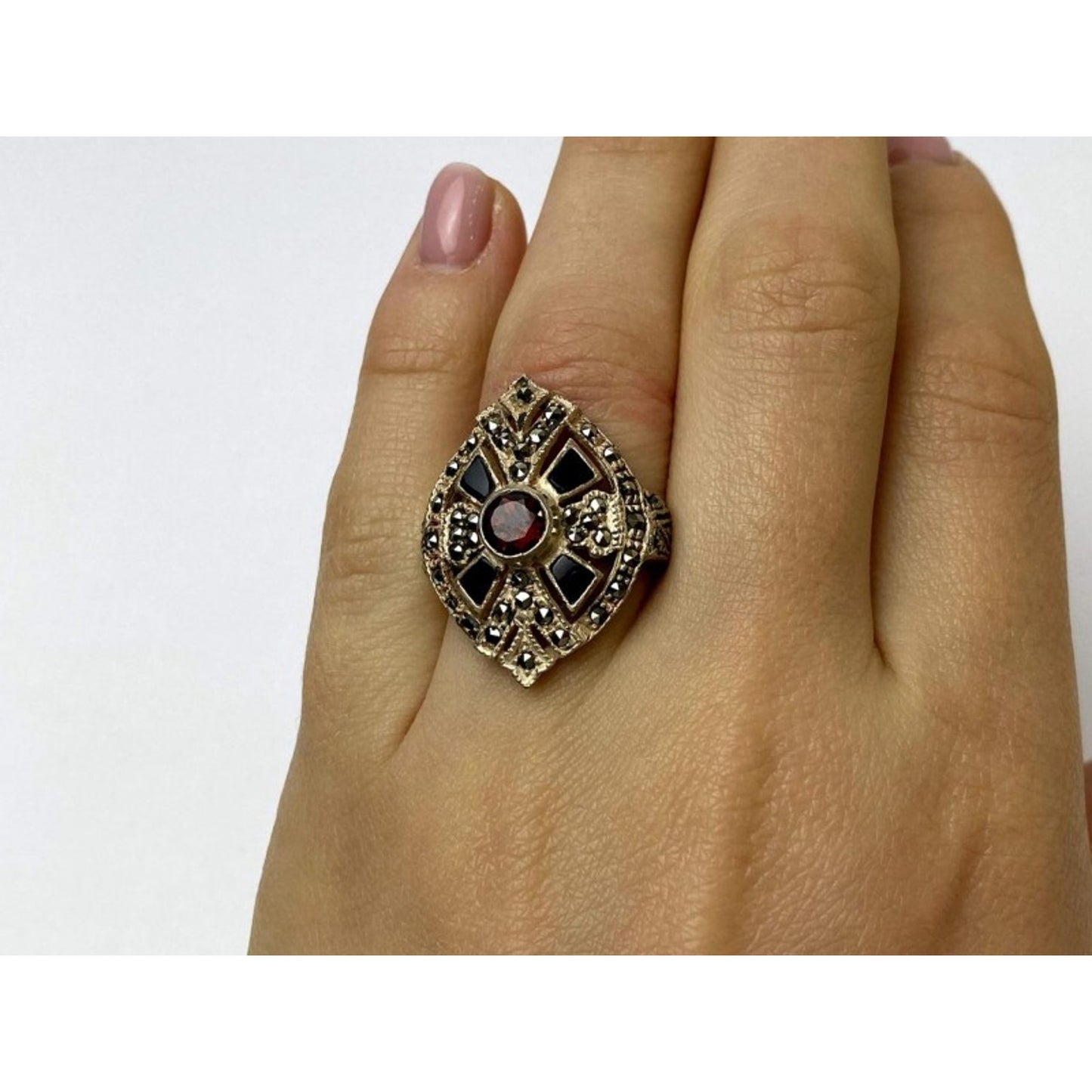 925 STERLING SILVER SPESSARTINE, BLACK NEPHRITE & MARCASITES RING SIZE 6.5