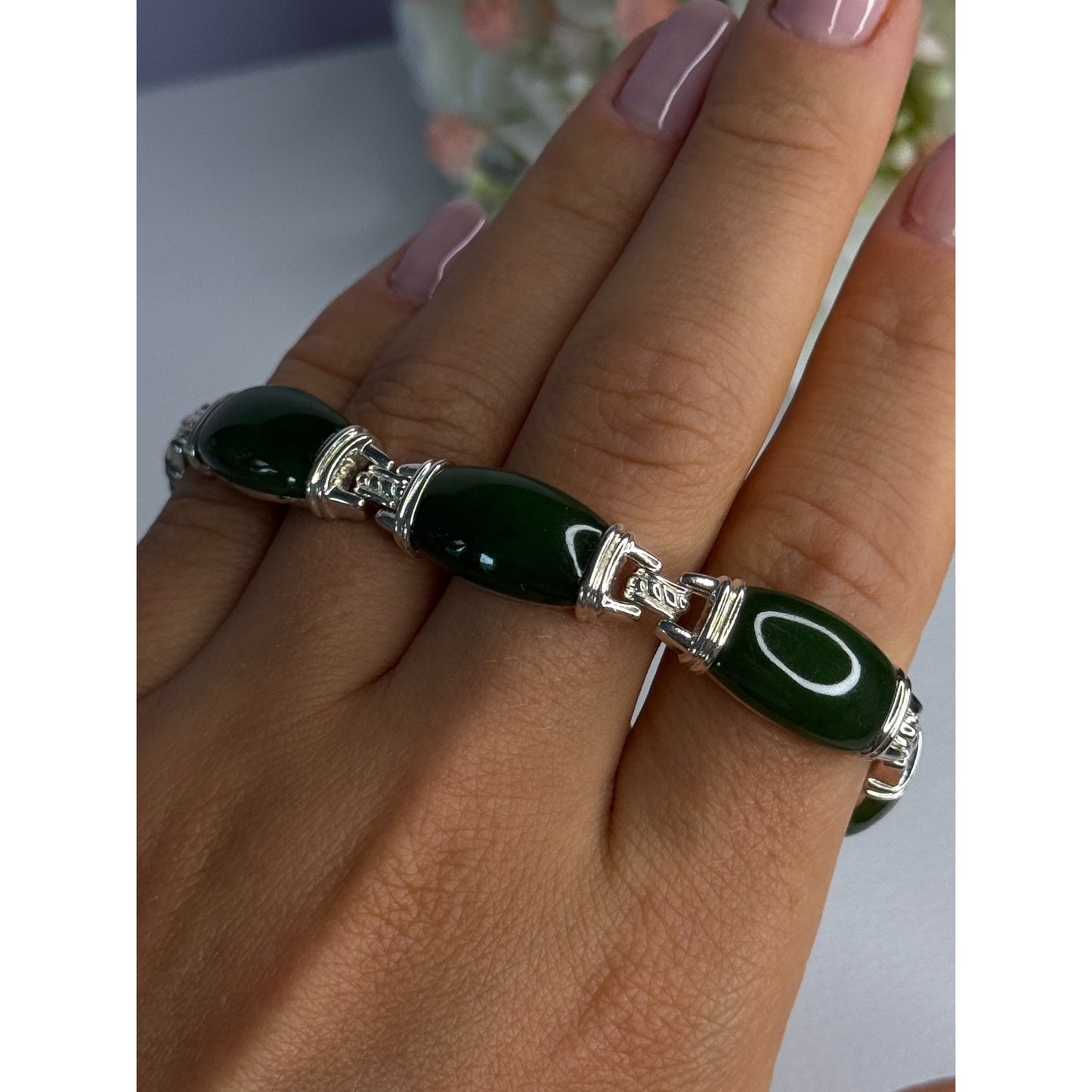 925 STERLING SILVER GREEN NEPHRITE BRACELET LENGTH 7.5