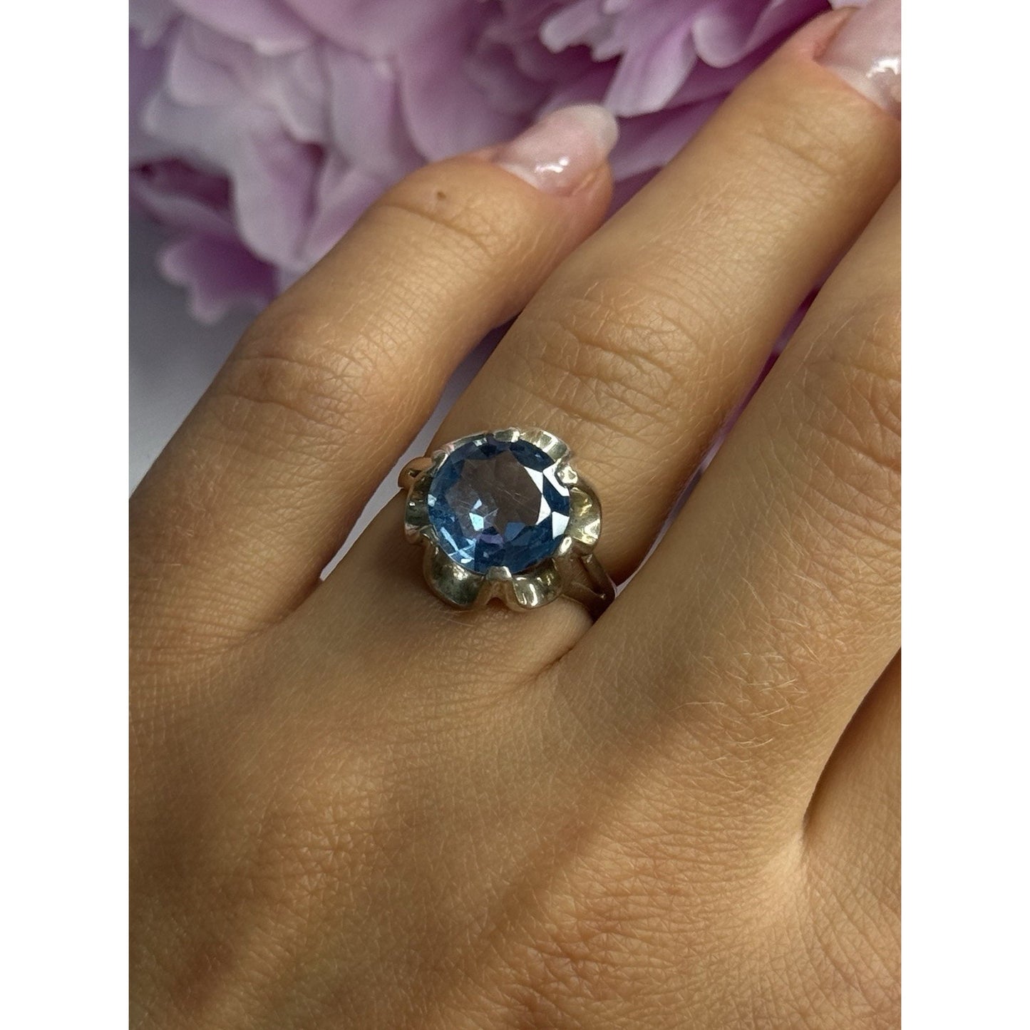925 STERLING SILVER AQUAMARINE FLOWER RING SIZE 6