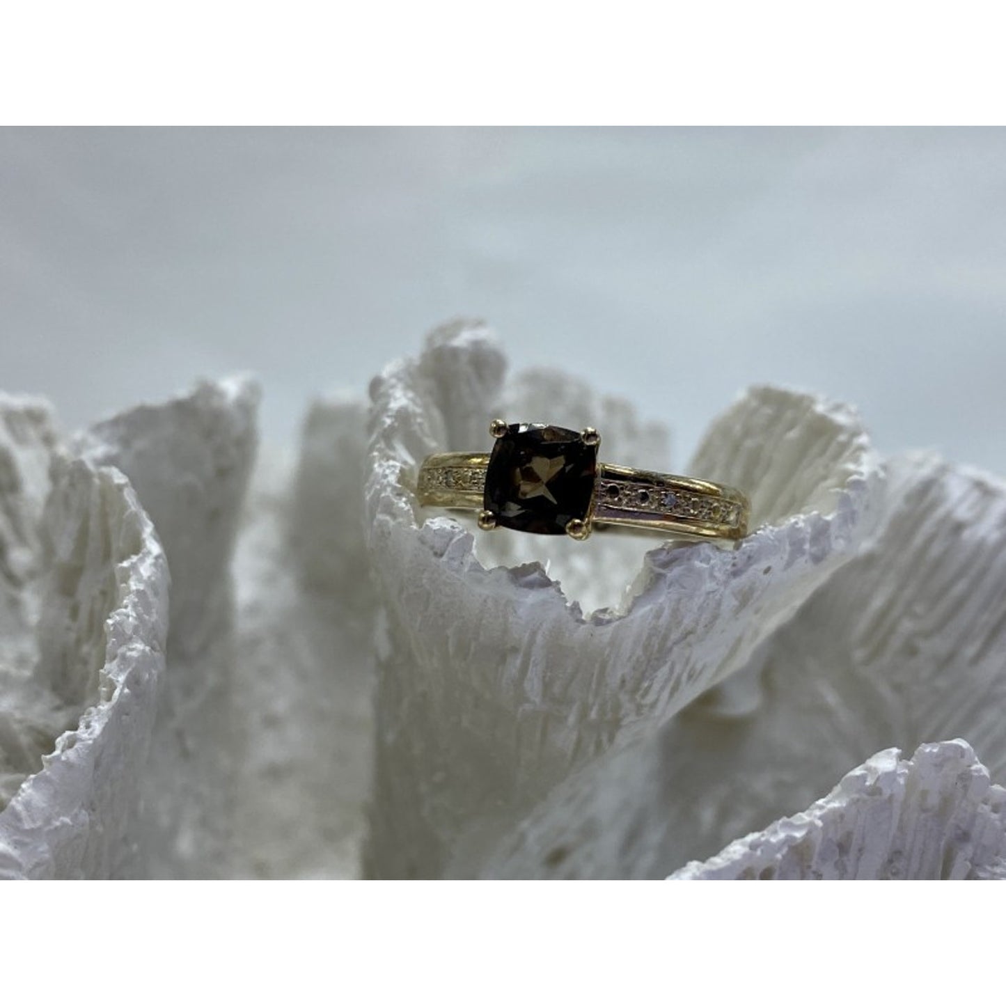 925 STERLING SILVER HESSONITE & DIAMONDS RING SIZE 7