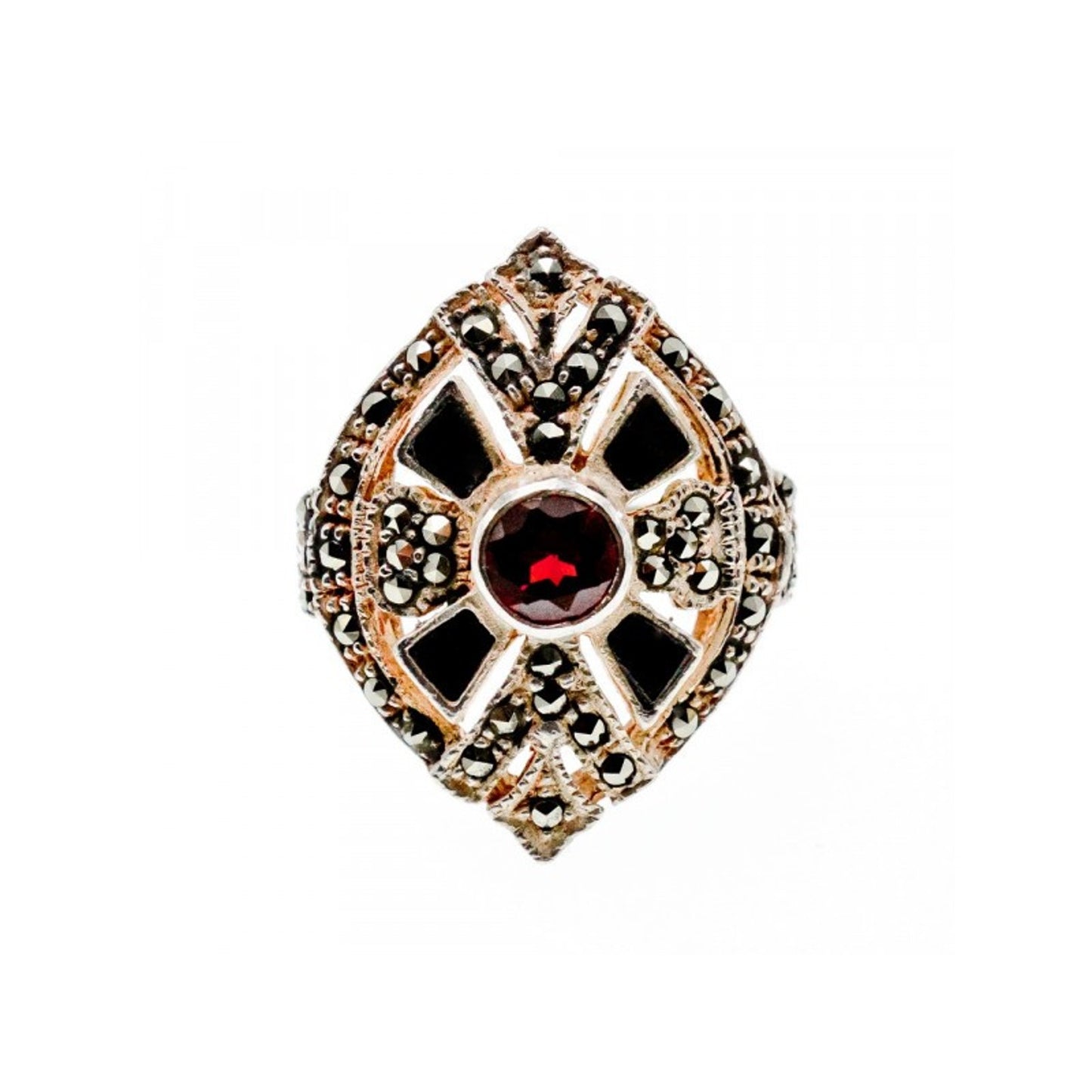 925 STERLING SILVER SPESSARTINE, BLACK NEPHRITE & MARCASITES RING SIZE 6.5