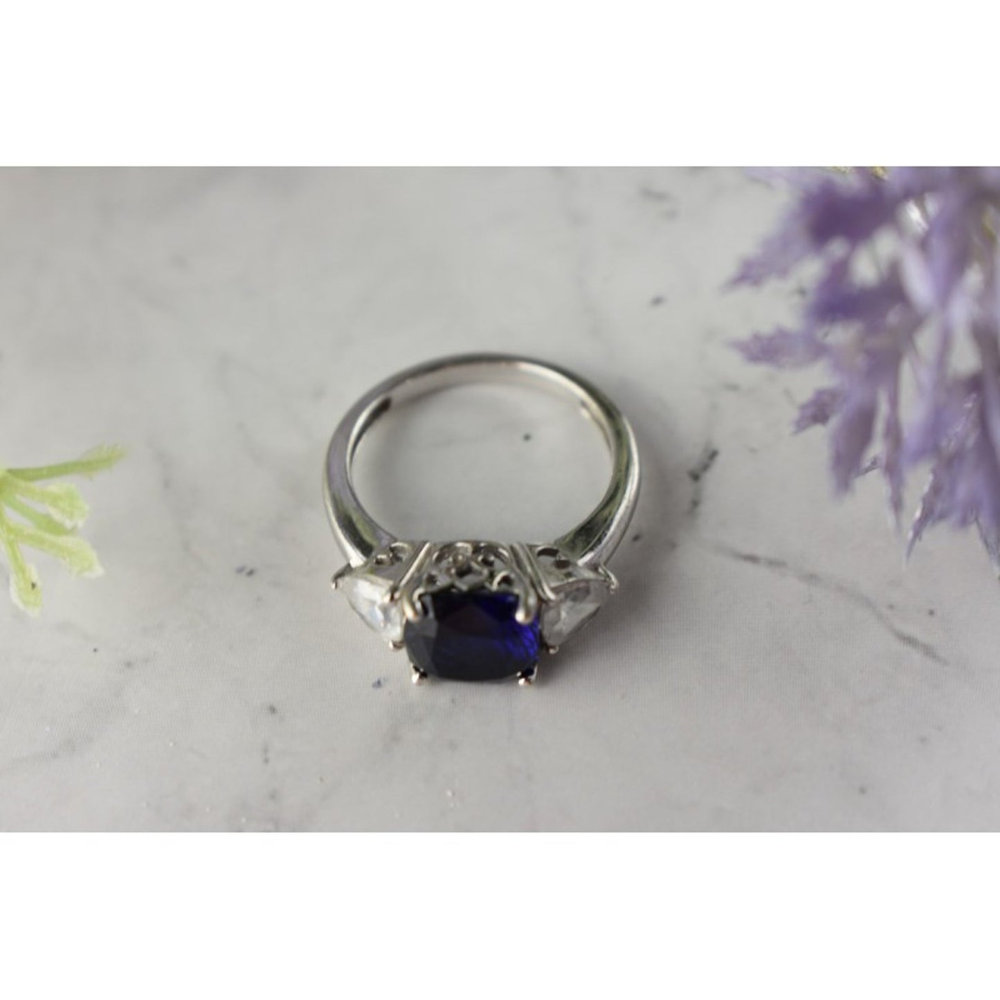 925 STERLING SILVER SAPPHIRE & CZ RING SIZE 6.5