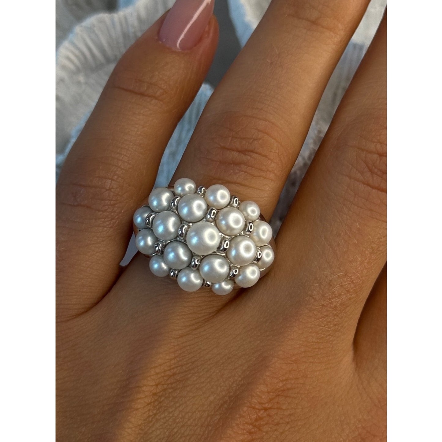 Elegant 925 Sterling Silver Pearl Ring Size 7