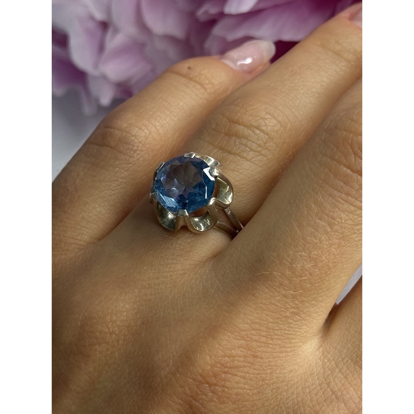 925 STERLING SILVER AQUAMARINE FLOWER RING SIZE 6