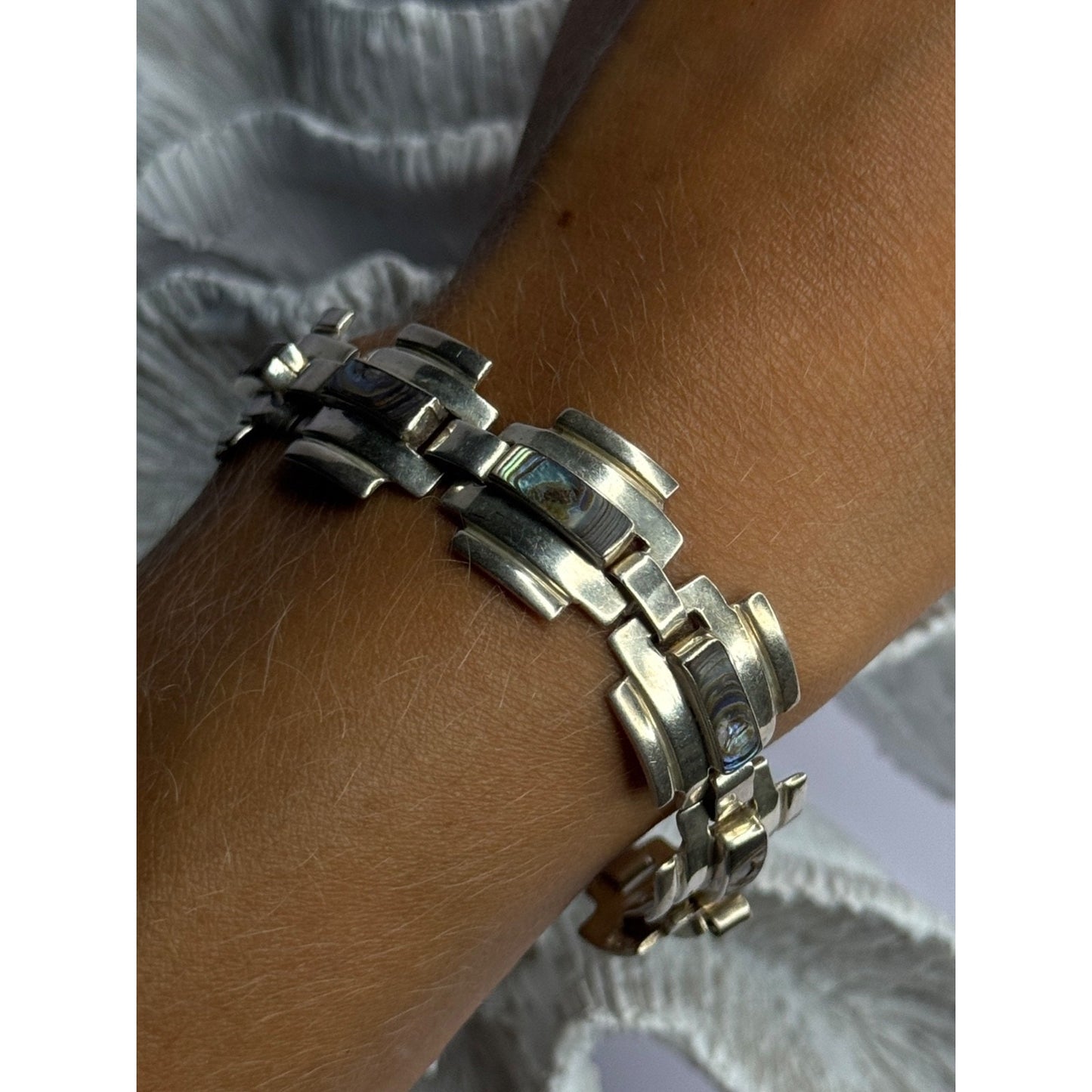 VINTAGE 925 STERLING SILVER ABALONE BRACELET LENGTH 7