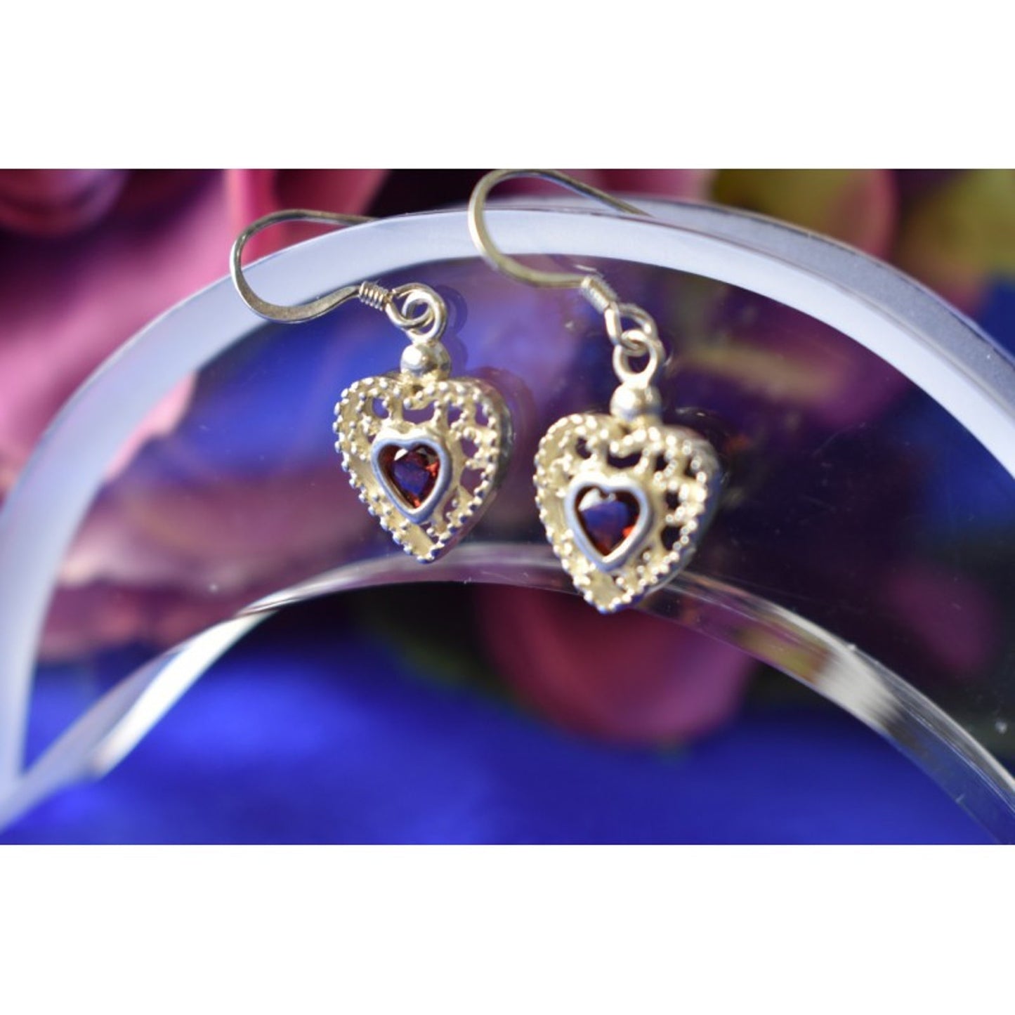 925 Sterling Silver Garnet "Hearts" Earrings
