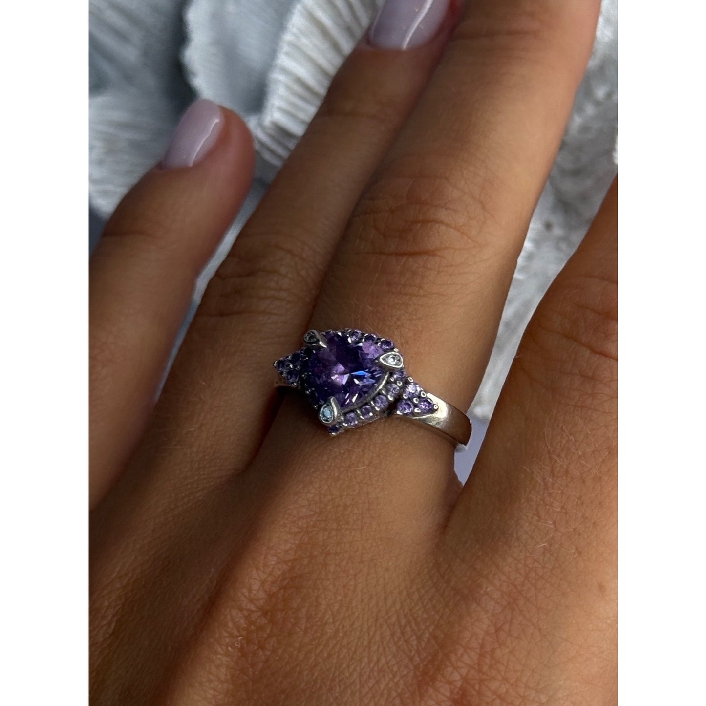 925 STERLING SILVER AMETHYST & DIAMOND HEART RING SIZE 8.5