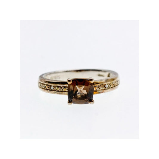 925 STERLING SILVER HESSONITE & DIAMONDS RING SIZE 7