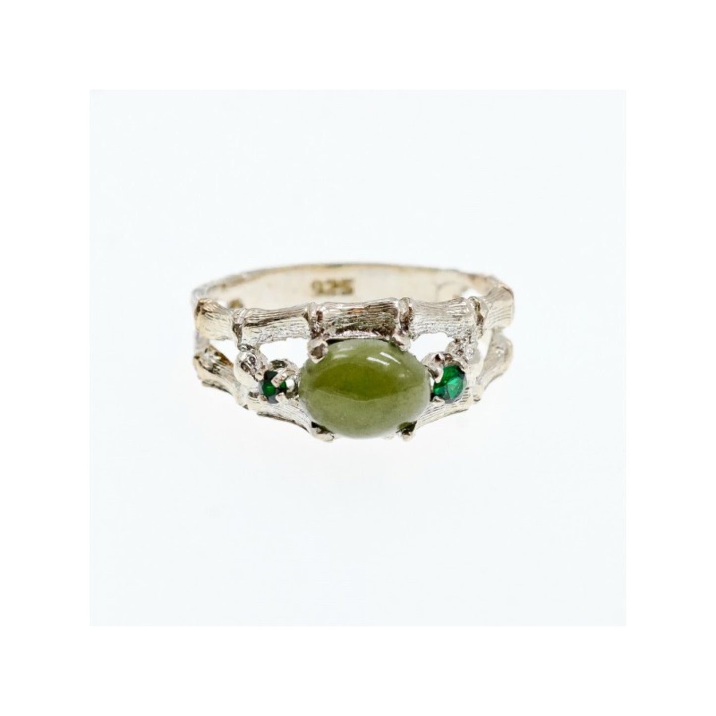 925 STERLING SILVER NEPHRITE ( JADE ) & EMERALDS RING SIZE 8