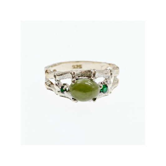 925 STERLING SILVER NEPHRITE ( JADE ) & EMERALDS RING SIZE 8