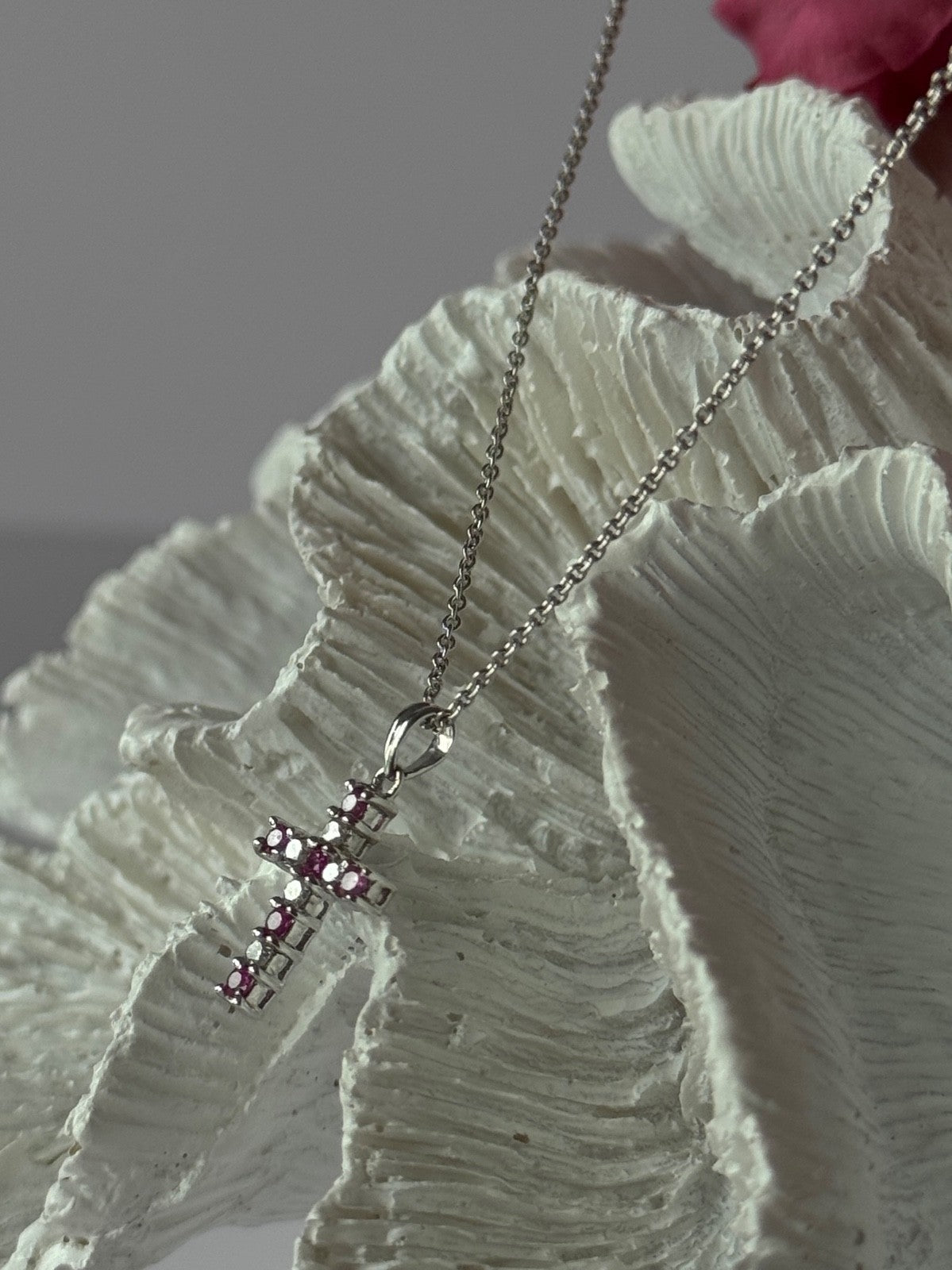14K White Gold Cross/18K White Gold Chain Pink Sapphire & Diamond Cross Necklace