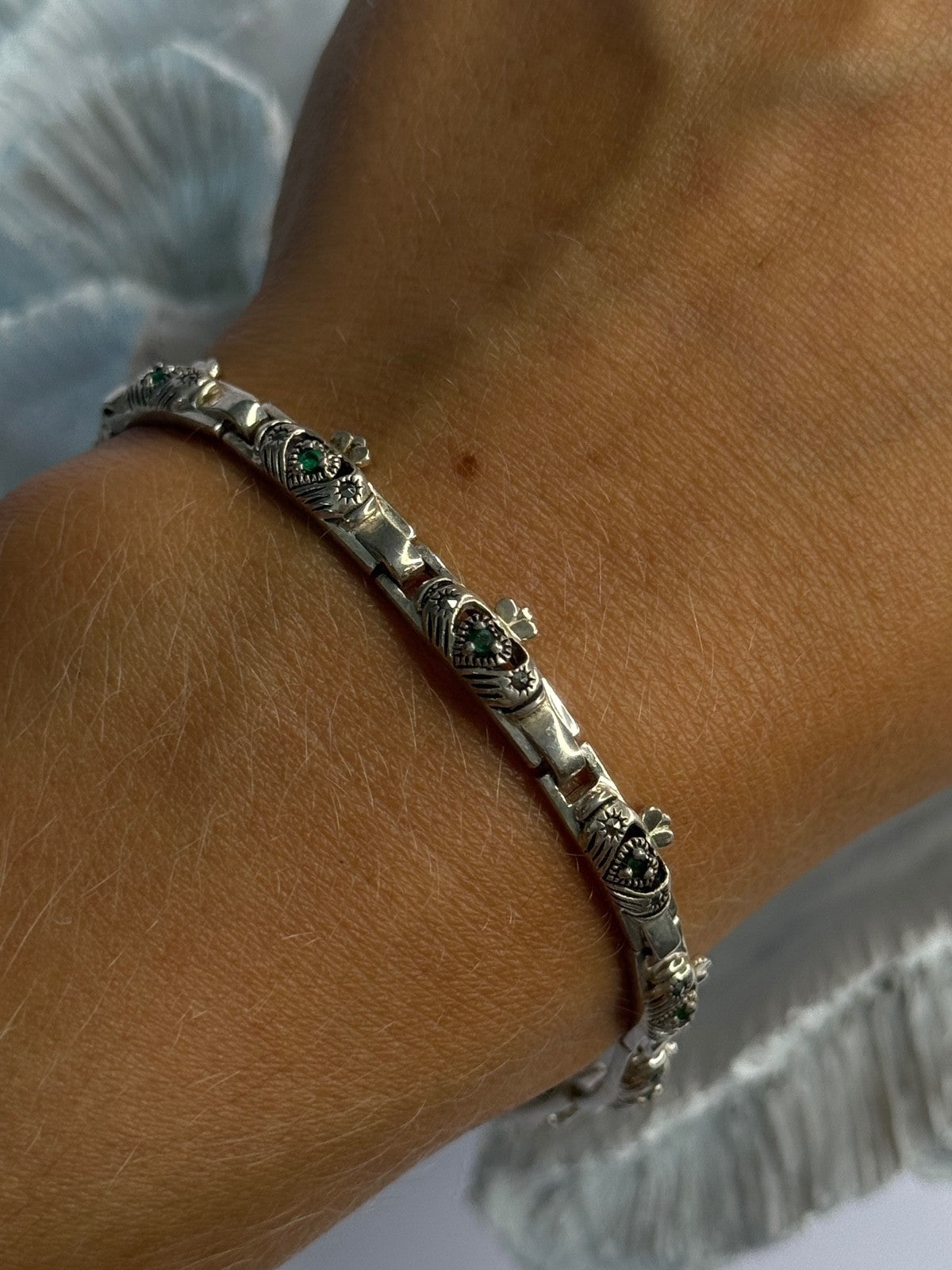Vintage 925 Sterling Silver Heart Emerald & Marcasite Bracelet Length 7