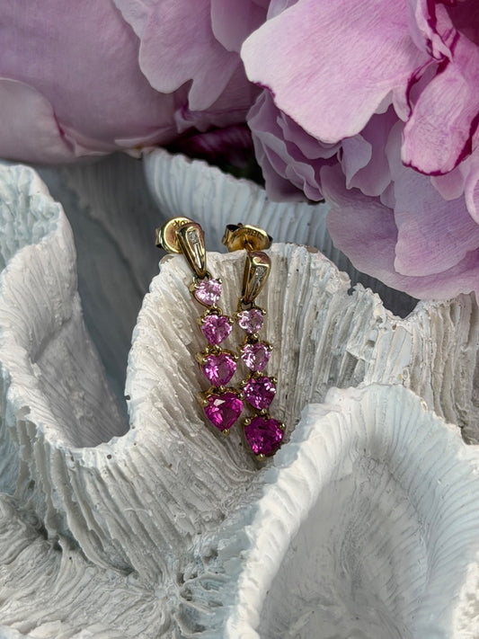 10K Yellow Gold Pink Sapphire & Diamond "Hearts" Earrings