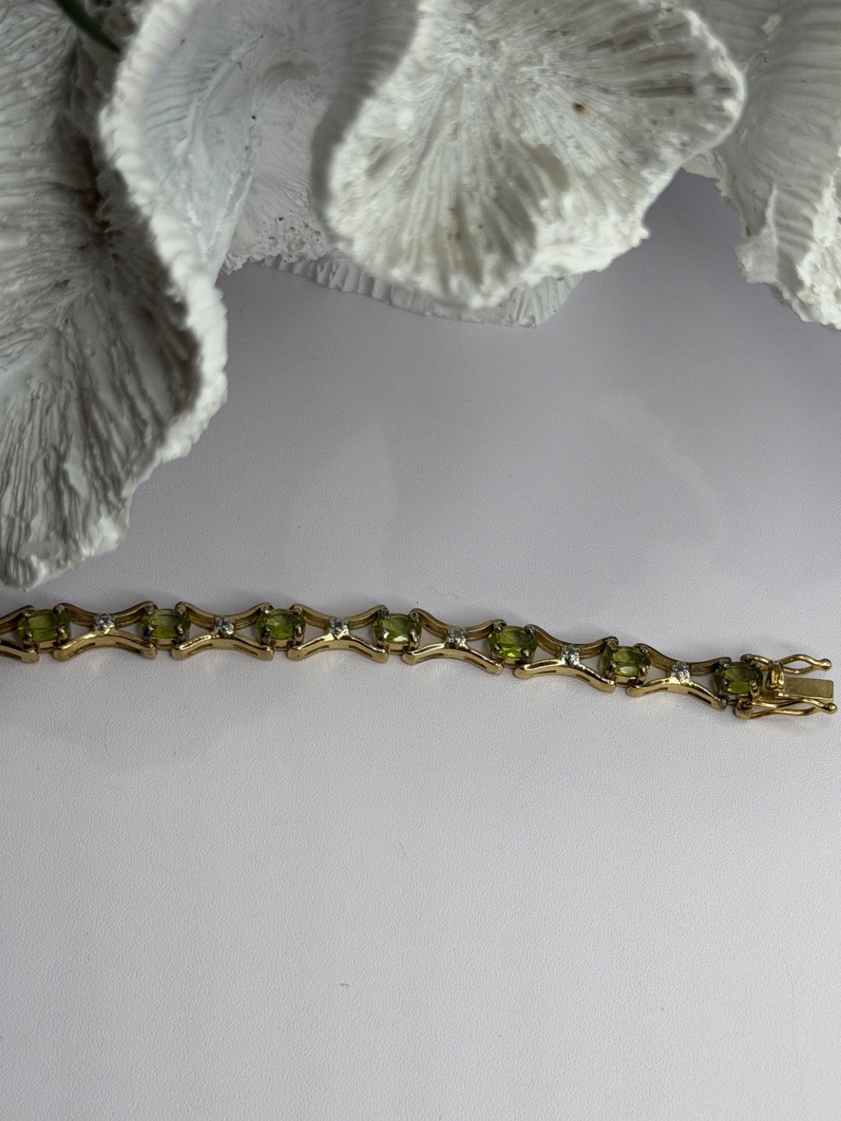925 Sterling Silver Gold Plated Peridot & Beryl Bracelet Size 7.5
