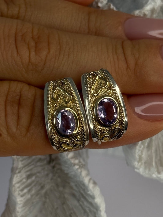 925 Sterling Silver Gold Plated Part Amethyst Earrings Length 0.70 Inch