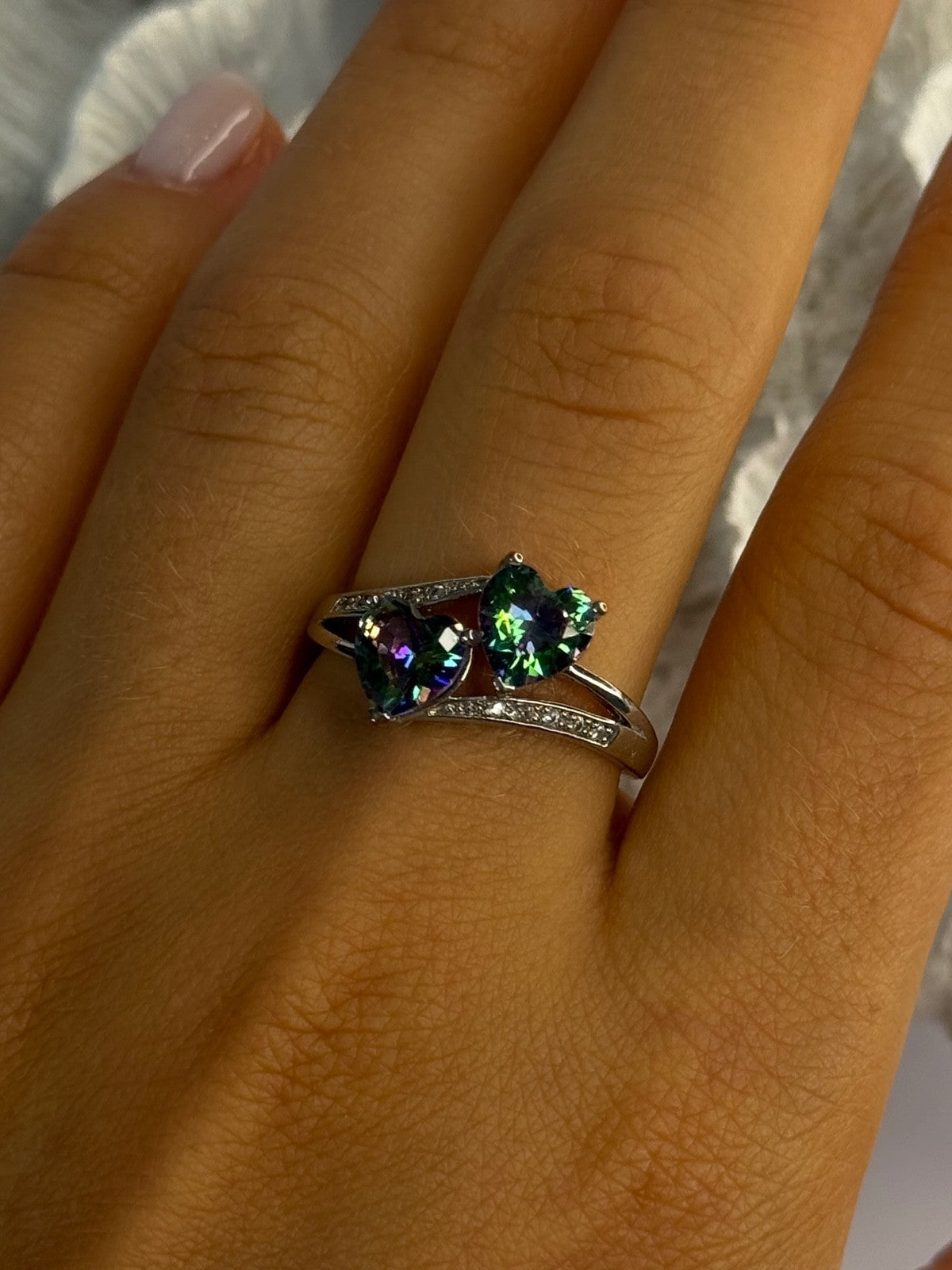 925 Sterling Silver Alexandrite Heart & Beryl Ring Size 10