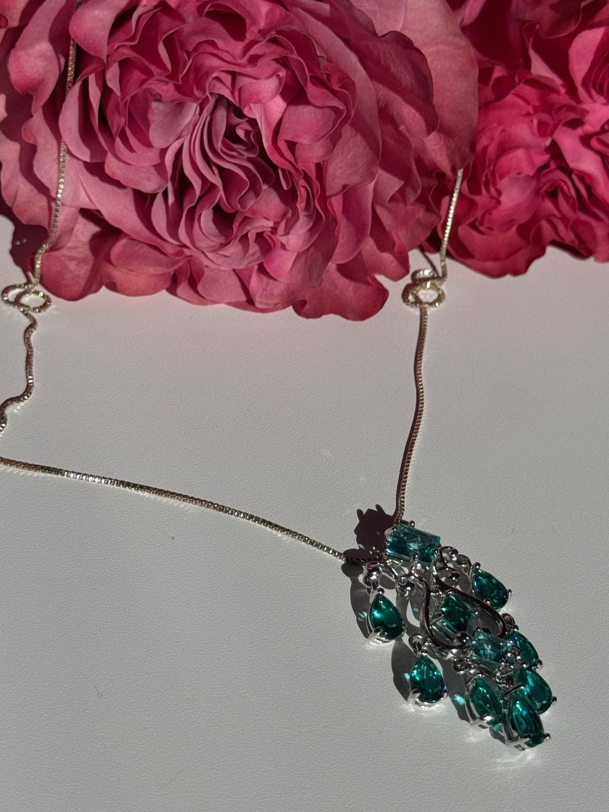925 Sterling Silver Aquamarine & Emerald Necklace Length 17 Inch