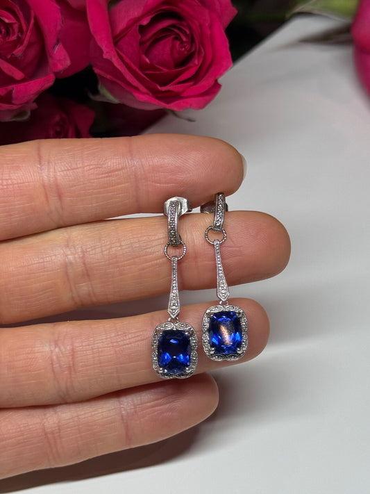 925 Sterling Silver Sapphire Earrings Length 1.5 Inch