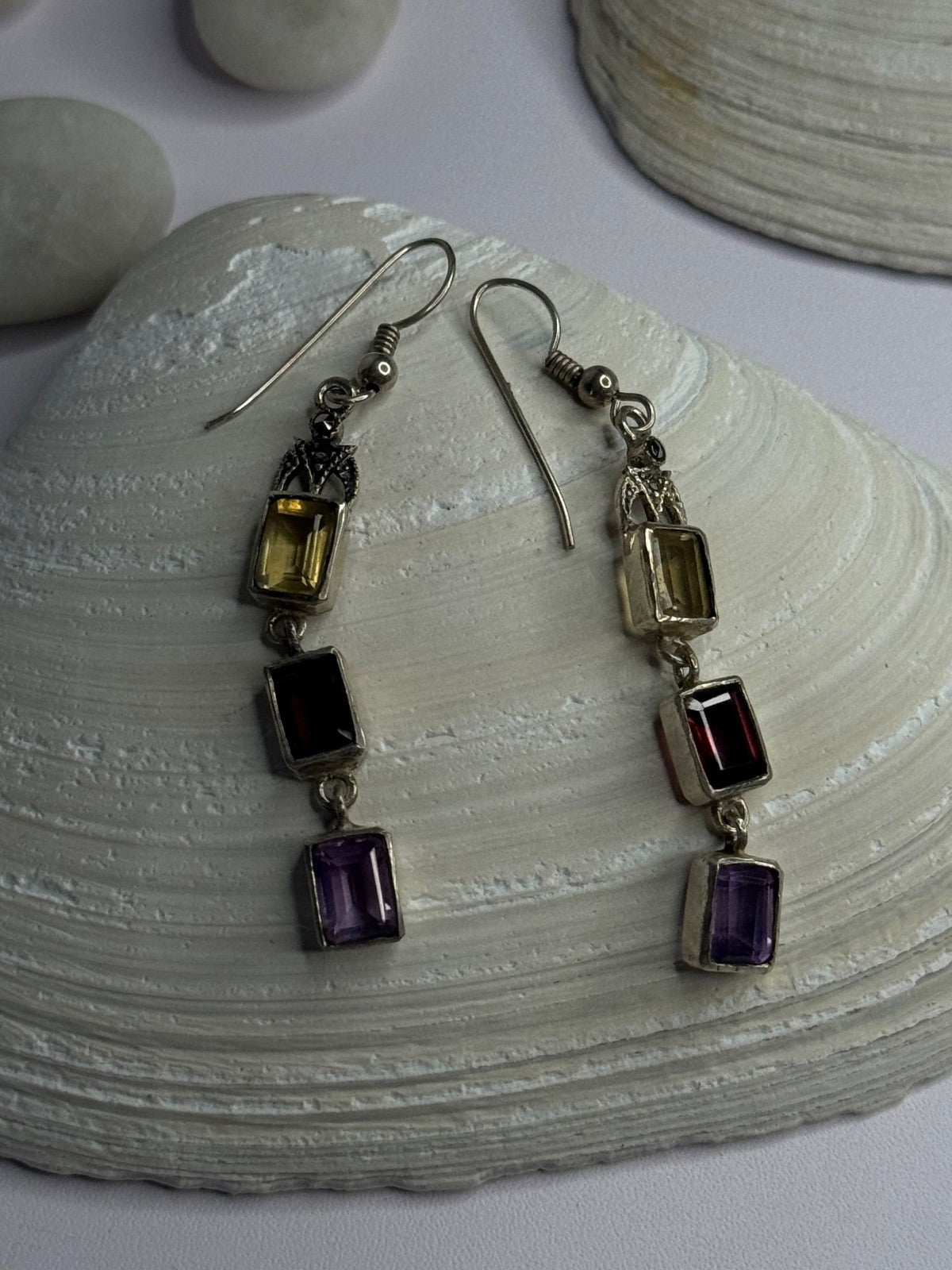 925 Sterling Silver Amethyst & Garnet & Citrine Earrings Length 2.30 Inch