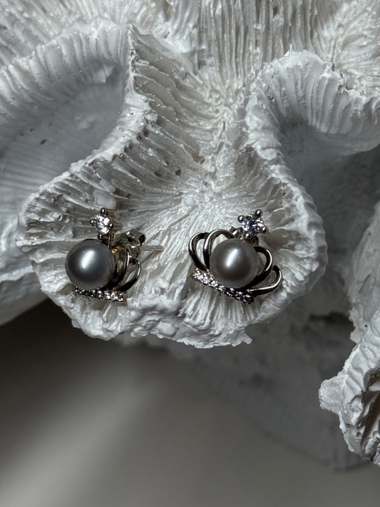 925 Sterling Silver Pearl Crown Earrings Length 0.5 Inch