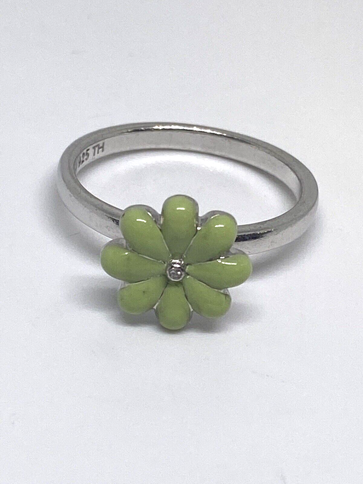925 Sterling Silver Colorless Sapphire and Green Enamel "Flower" Ring Size 8